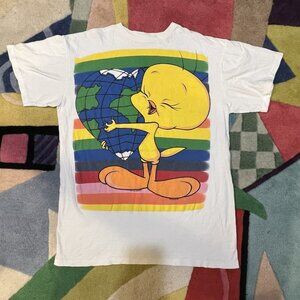 Vintage Warner Bros Tweety Bird Planet Earth Rainbow Shirt Size XL Approx